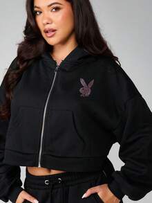 Missguided x Playboy Oversized Crop Voll-Reißverschluss Kapuzenpullover mit Strass-Hasen-Logo und Rücken-Text-Detail für lässigen Streetwear-Stil - Schwarz - Übersicht 5