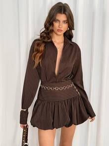 SHEIN Tall 女士休闲套装，女士秋季穿搭，棕色泡泡裙和衬衫，棕色条纹 - 棕色 - 查看 8