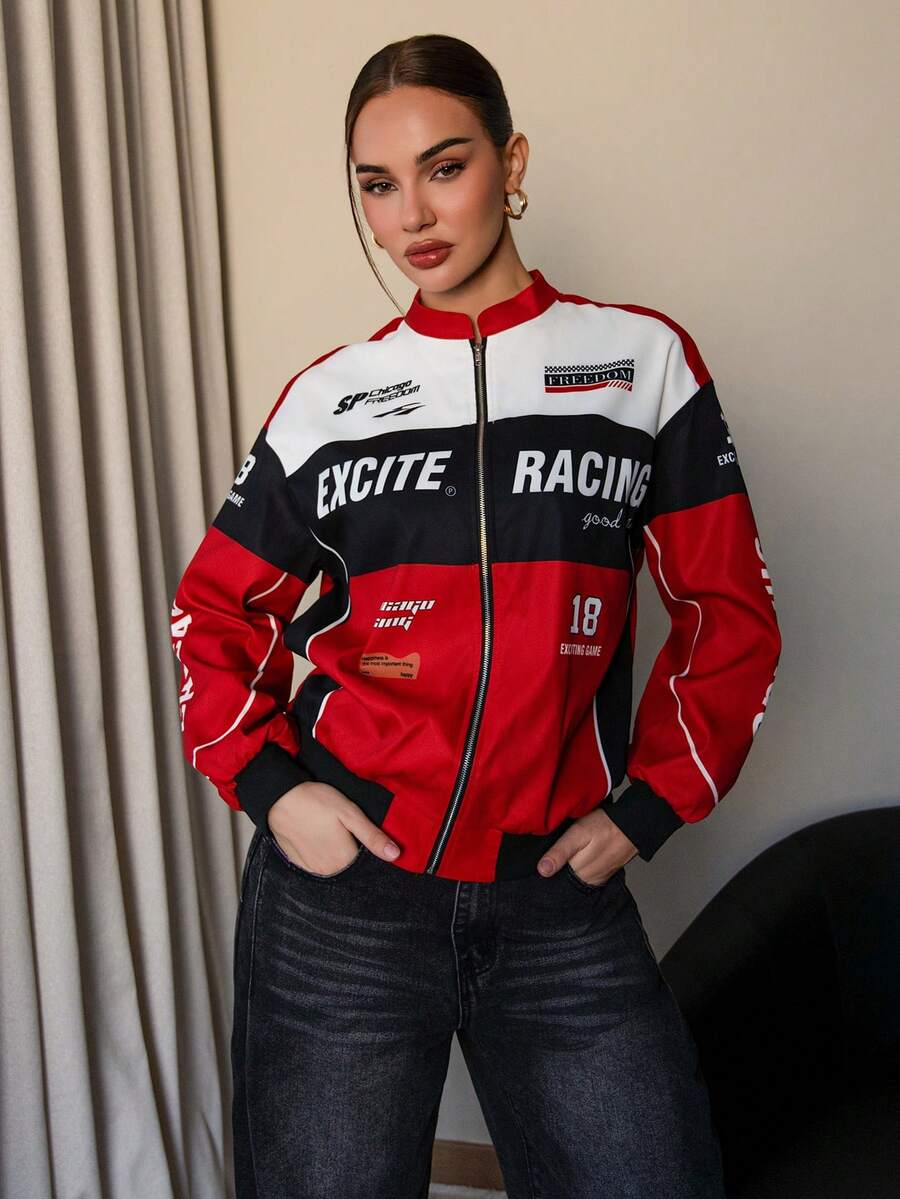 Bris Aura Chaqueta tipo bomber con estampado de letras y contraste de colores y hombros caídos para ropa de Año Nuevo - Rojo - Ver 1