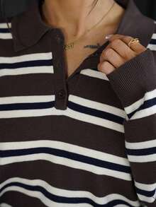 SAYEHFBABY Women's Autumn Retro Striped Turtleneck Sweater - Coffee Brown - View 3