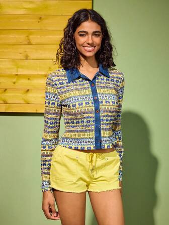 Felipe Marques Women's Retro Print Cardigan Long Sleeve Top, Casual Vacation Wear, Autumn/Winter