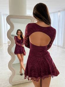 Aloruh Women's Elegant Burgundy Lace Mini Dress, Long Sleeve Open Back Cake Dress For Autumn Date Night,Luxurious Party Valentine's Day Outfit - Burgundy - View 8