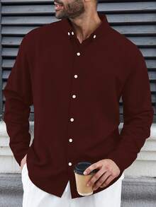 Manfinity Homme Áo sơ mi nam màu trơn cài nút phía trước cỡ lớn, mùa thu - Màu Đỏ Sâu - Xem 3