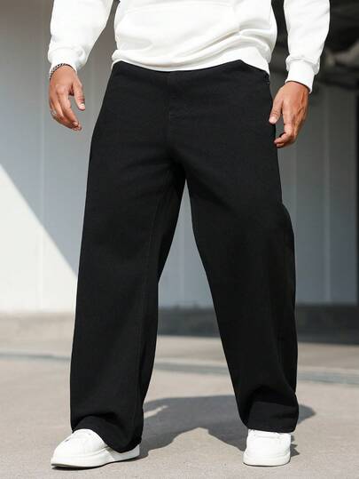 Manfinity Homme Jeans casuales de unicolor con bolsillo en diagonal para hombres de talla grande, otoño