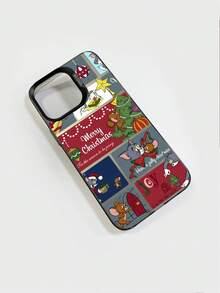 TOM & JERRY X SHEIN Funda de teléfono dura de estilo navideño con gato y ratón, con elementos navideños de gato y ratón y texto "Feliz Navidad", compatible con iPhone y Galaxy, para regalo de Navidad y uso diario, estilo de dibujos animados retro, adecuado para entusiastas de la animación y - Negro - Ver 2