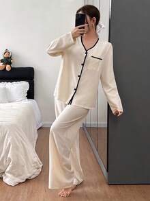 泡泡纹理V领撞色滚边上衣和裤子女士睡衣套装，冬季服装 - 杏色 - 查看 4