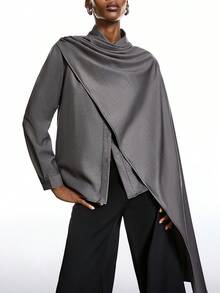 LYSMO Chemise ample à manches longues, col simple et plissée, couleur unie pour femmes - Kaki - Voir 1