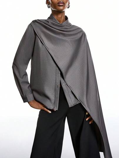 LYSMO Women's Solid Color Long Sleeve Pleated Single-Breasted Loose Design Shirt/ Asymmetrical Tops For Women/ Cape Top/ Elegant Tops For Women/ Katseye/ Scarf Top