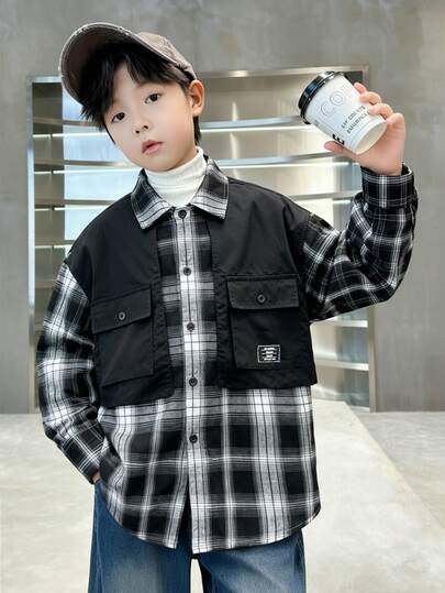 SHEIN Little Byeori Tween Boy Casual Korean Style Plaid Collar Shirt, Suitable For Commuting, School, Daily Casual, College Outings, Sports, Autumn/Winter Season, Versatile