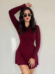 MDEdit 女士修身长袖高领荷叶边下摆迷你连衣裙，咖啡色，适合秋冬季分层搭配、约会或通勤，优雅卡其裙伞裙办公室装工作服秋季内衣 - 酒紅色 - 查看 6