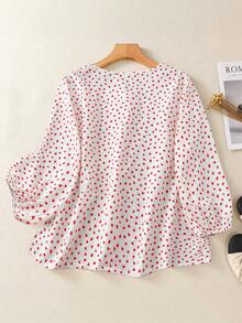Linhara Plus Size Women's Ruffle Collar Polka Dot Puff Sleeve Shirt, Casual & Comfortable - Red - View 2