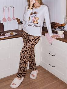 SweetSlumber 可爱豹纹卡通熊女士睡衣套装 - 彩色 - 查看 3