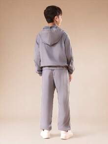 SUMWON 青少年连帽拉链运动套装，侧边条纹细节，弹性腰带慢跑裤，适合日常休闲度假穿着 - 灰色 - 查看 2