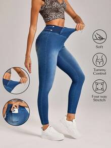 SHEIN Tall 女士休闲日常通勤百搭弹力腰提臀紧身牛仔裤 - 藍色 - 查看 9