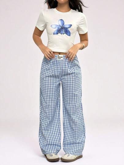 Sparklyn 2pcs/Set Teenager Street Vacation Cottage Y2K Style Cherry Print Crop Top + Plaid Wide Leg Pants Set