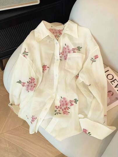 Resyla Women's Fashion Casual Romantic Embroidered Floral Long Sleeve Button-Up Shirt