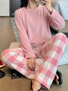 2 件女童格子羊毛长裤和长袖休闲睡衣套装，兄弟姐妹装搭配服装（2 套单独出售） - 粉色 - 查看 4