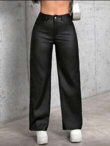 Pantalón vinipiel ajustado de cadera pierna ancha piel sintética otoño invierno comodo dama moda casuales - Negro - Ver 4