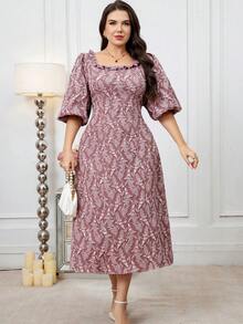 Modelyn Plus Size Elegant Party Jacquard Lantern Sleeve Dress - Pink - View 2
