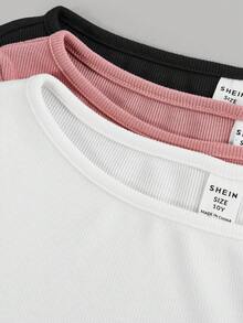 Girlism Tween Girls 3pcs/Set Autumn And Winter/Casual And Versatile/One-Line Collar/Gathered Details/Knitted Slim-Fit Bottoming Long-Sleeved T-Shirt, Girls Tight Tops, 3 Pack Tops, Long Sleeve Tops, Fitted Tops - Dusty Pink - View 3