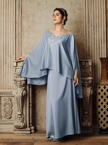 Anewsta Bộ đồ 2 mảnh sang trọng màu xanh dương mới dành cho nữ, gồm áo sơ mi dáng rộng đính hạt và chân váy. - Màu xanh lam - Xem 7