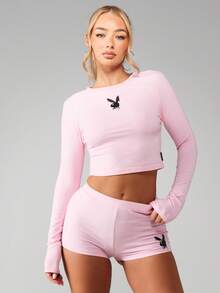 Missguided x Playboy 长袖露脐上衣和短裤两件套，饰有小号logo印花 - 藕粉色 - 查看 1