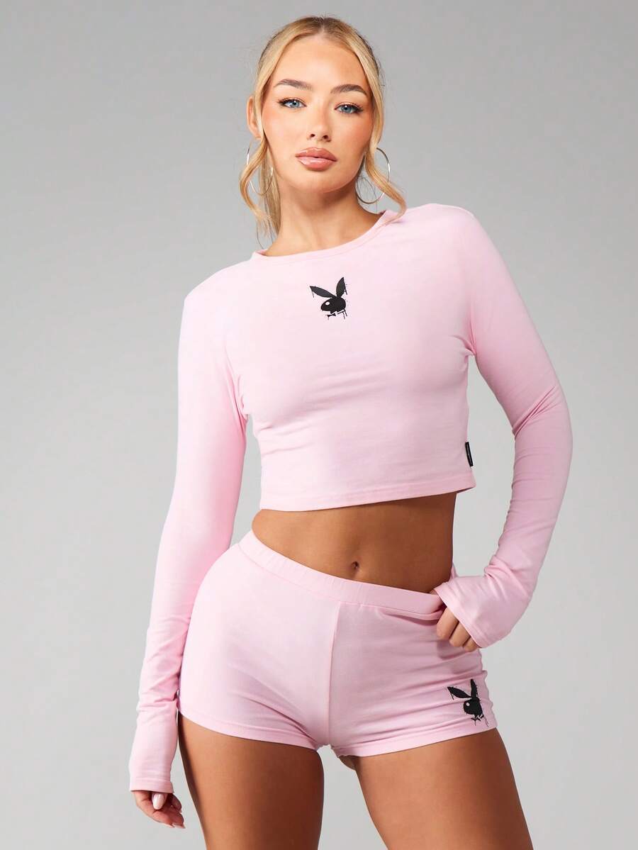Missguided x Playboy 长袖露脐上衣和短裤两件套，饰有小号logo印花 - 藕粉色 - 查看 1
