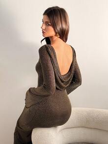 SHEIN Tall 女士金色丝绸长裙,露背设计,闪亮长袖优雅连衣裙,金色女装,女士秋季连衣裙,春夏/夏季服装,长款派对连衣裙,圣诞派对连衣裙,新年晚礼服,派对连衣裙,优雅派对连衣裙,婚礼宾客连衣裙,春夏婚礼宾客连衣裙,棕色连衣裙,高贵典雅奢华女装,露背连衣裙 - 金色 - 查看 6