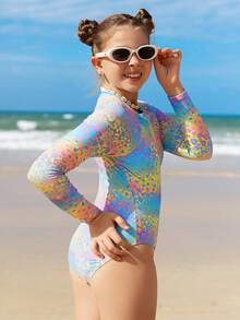 SHEIN 少女连体泳衣，渐变豹纹印花，拉链设计，长袖，易于穿脱，休闲泳装 - 彩色 - 查看 9