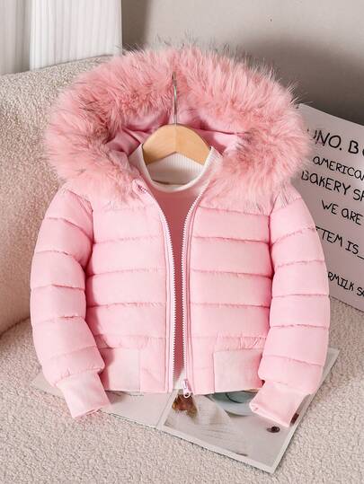Young Girls' Solid Color Warm Winter Casual Hooded Padded Coat With Fur Collar