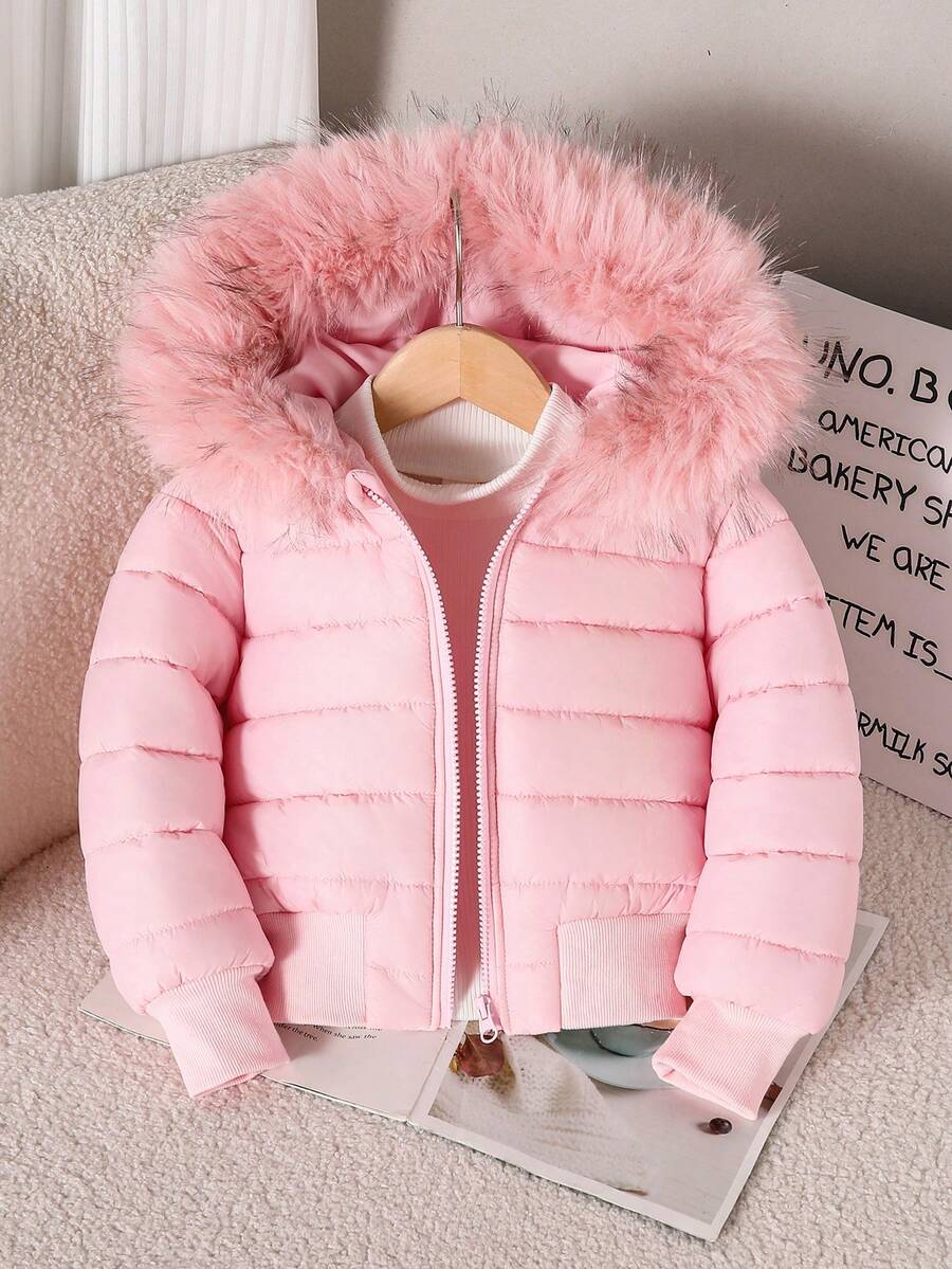 Sparklyn Áo khoác có mũ trùm đầu, cổ lông ấm áp, thoải mái cho bé gái mùa đông trơn màu - Hồng - Xem 1
