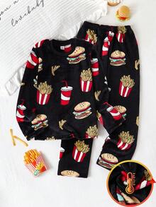 Genkimix Kids 男童休闲汉堡、薯条和汽水图案抓绒连帽衫和裤子睡衣套装（2件套）