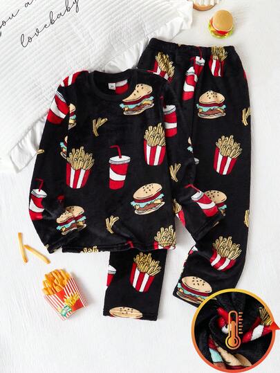Genkimix Kids 男童休闲汉堡、薯条和汽水图案抓绒连帽衫和裤子睡衣套装（2件套）