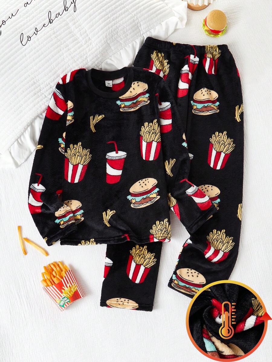 Genkimix Kids 男童休闲汉堡、薯条和汽水图案抓绒连帽衫和裤子睡衣套装（2件套）