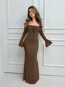 Jemour 女士露肩长袖前系带修身连衣裙，新年女士连衣裙，新年派对连衣裙，情人节 - 棕色 - 查看 5