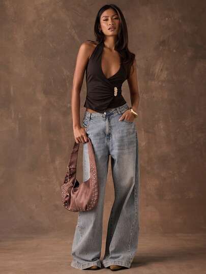 SHEIN BAE 女士棕色优雅金属装饰垂褶修身上衣/棕色上衣/夏季/外出上衣/女士休闲上衣/Y2K风格上衣/情人节