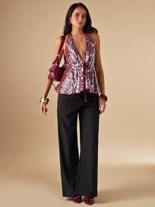 SHEIN BAE Sexy Backless Sequin Halter Neck Top, Suitable For Nightclub, Party, Date Night, Elegant Women's Autumn/Winter Tops, Y2K Sparkling Christmas Party Women Top, Holiday Party Top, Thanksgiving/Sexy, Club - Burgundy - View 8