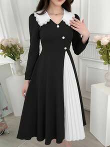 “少女黑白撞色连衣裙 - 复古娃娃领长袖褶皱长裙，适合青少年舞会” - 黑色 - 查看 1