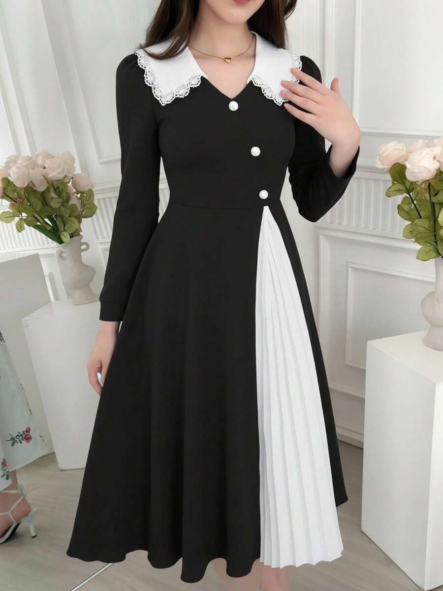 “少女黑白撞色连衣裙 - 复古娃娃领长袖褶皱长裙，适合青少年舞会” - 黑色 - 查看 1