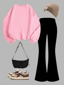 Sparklyn 一套少女时尚 K-POP NOVA BEAT 字母、星星和酷女孩图案粉色连帽衫和喇叭裤套装，适合年轻女孩外出、度假、作为礼物 - 彩色 - 查看 2