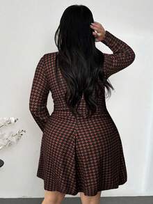 Firerie 大码春秋新款优雅简约精致浪漫甜美日常通勤婚礼派对音乐节假日褶皱A字喇叭千鸟格印花长袖弹力女式迷你短裙 - 彩色 - 查看 2