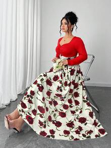 Elenzga 2025新款大码女装轻盈奢华扭结胸部印花压花复古碎花连衣裙，适合返校、毕业典礼、情人节、音乐节、母亲节、万圣节、感恩节、复活节、国庆节、舞会、约会派对、婚礼季、户外郊游等场合。玫瑰印花长款连衣裙，女士碎花连衣裙 - 酒紅色 - 查看 2