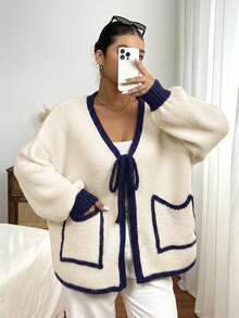 SHEIN Frenchy Plus Size Casual Colorblock Drawstring Cardigan Sweater In Fall/Winter - Apricot - View 1