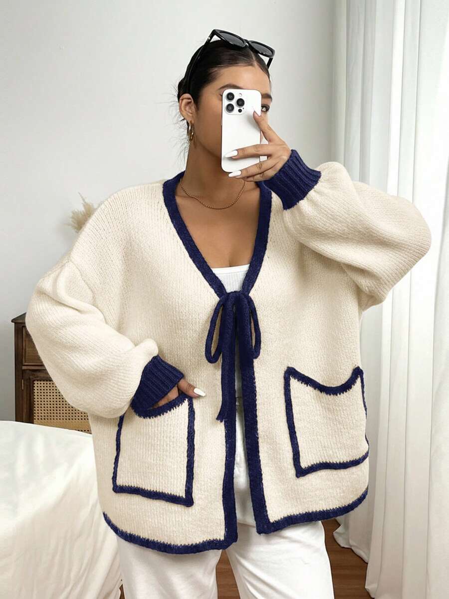 SHEIN Frenchy Plus Size Casual Colorblock Drawstring Cardigan Sweater In Fall/Winter - Apricot - View 1
