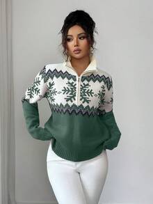 SHEIN Elenzya 优雅女士费尔岛图案拼色拉链毛衣，圣诞节设计，秋冬 - 綠色 - 查看 6