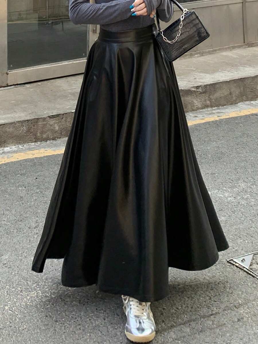 DAZY 女士纯色PU休闲半身裙,适合通勤。 - 黑色 - 查看 1