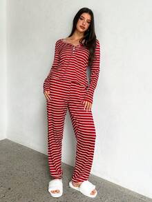 Aloruh 女士休闲条纹印花长袖红白条纹上衣和长裤睡衣套装，秋季服装，圣诞节，新年，派对，舒适条纹睡衣套装，冬季服装 - 紅色 - 查看 8