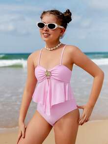 SHEIN Bộ bikini hai mảnh họa tiết hoa cho bé gái tuổi teen, thích hợp cho kỳ nghỉ xuân/hè. Bộ đồ bơi màu hồng có nơ, bộ đồ bơi ba mảnh màu hồng ôm sát, đồ bơi dáng ôm cho bé gái, bộ đồ bơi mùa hè màu hồng, bộ đồ bơi màu hồng có nơ cho bé 12 tuổi, bộ đồ bơi một mảnh có nơ, nơ cho bé gái tuổi teen, kỳ nghỉ hè, đồ bơi giữ nhiệt, lễ hội Giáng sinh, năm mới, lễ tình nhân. - Hồng - Xem 9