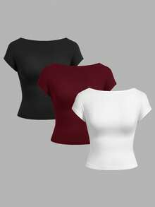 SHEIN EZwear Bộ 3 áo thun nữ cổ tròn tay ngắn hở lưng màu đen, trắng, đỏ tía, tối giản, phù hợp cho mùa hè - Nhiều màu - Xem 2