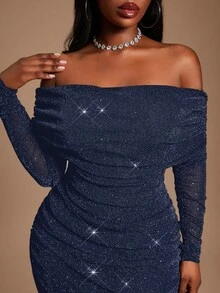 Radiana Gaun Bodycon Jala Berkerut Elegan, Cantik, Glamor, Seksi, dan Berbahu untuk Wanita Ukuran Plus, Cocok untuk Pesta Prom, Pesta Dansa, Liburan Kapal Pesiar, dan Hari Valentine - Navy Blue - View 4